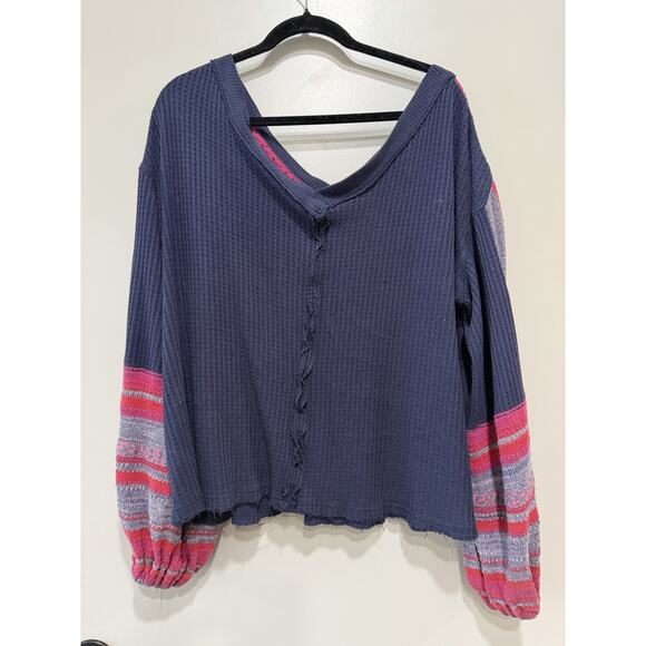 Free People Copenhagen Thermal waffle Long Sleeve Top Navy Double V Neck Size L - Picture 3 of 8